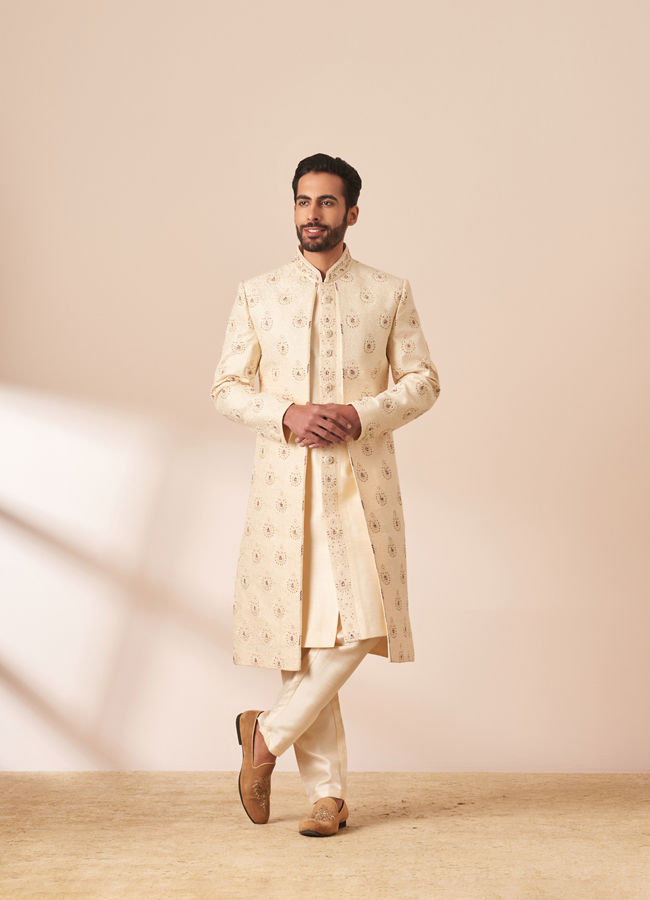 Manyavar Men Cream Jacket Style Open Sherwani with All Over work
