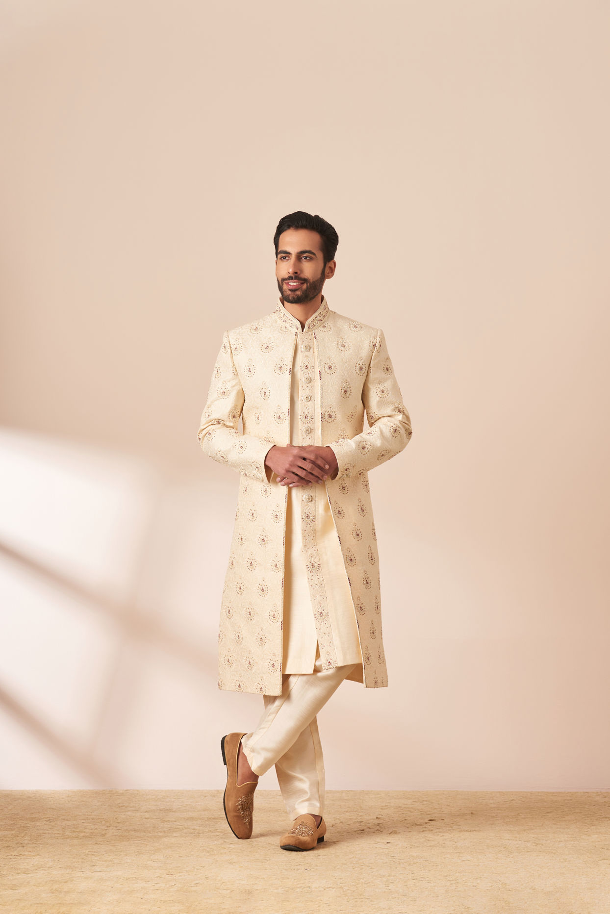 alt message - Manyavar Men Cream Jacket Style Sherwani with All Over work image number 1