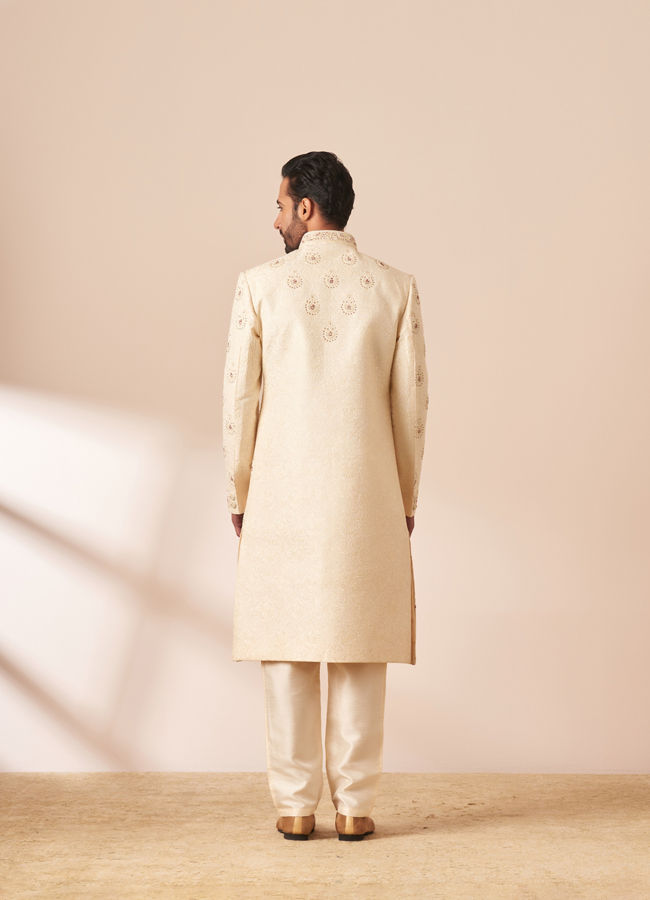 alt message - Manyavar Men Cream Jacket Style Sherwani with All Over work image number 3