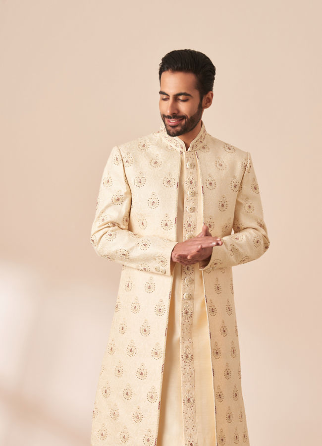 alt message - Manyavar Men Cream Jacket Style Sherwani with All Over work image number 0