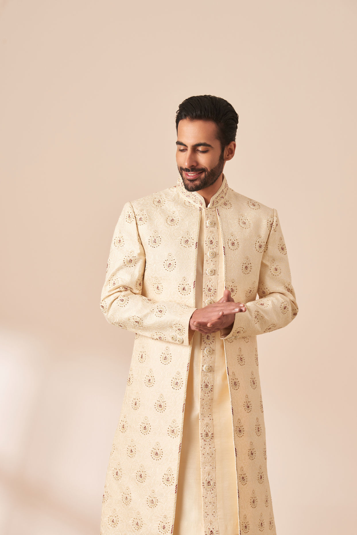 Manyavar Men Cream Jacket Style Open Sherwani with All Over work