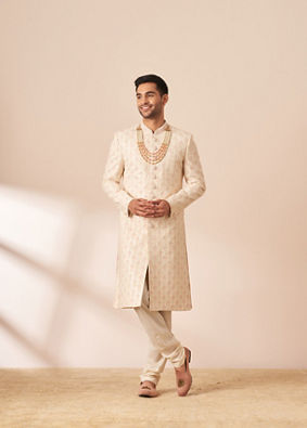 alt message - Manyavar Men Light Cream Chikankari Sherwani image number 1