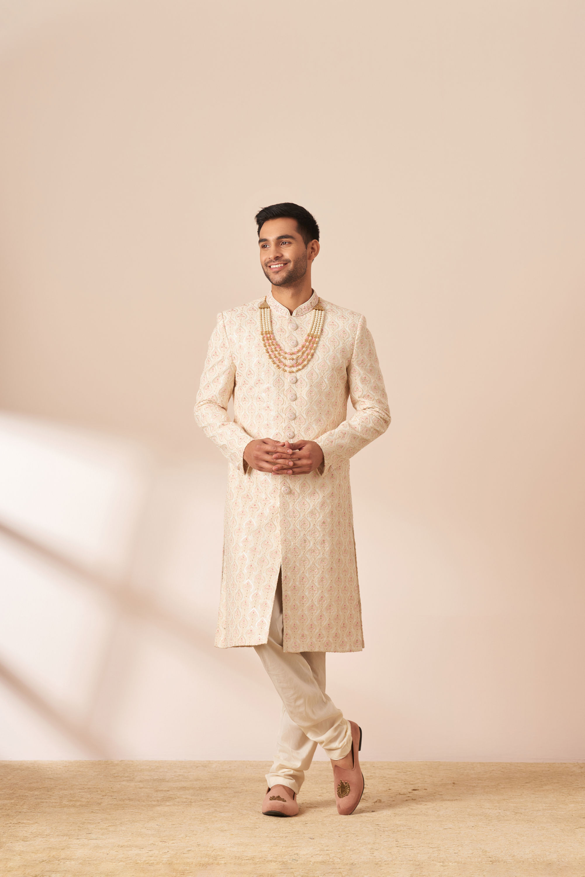 Manyavar Men Light Cream Chikankari Sherwani