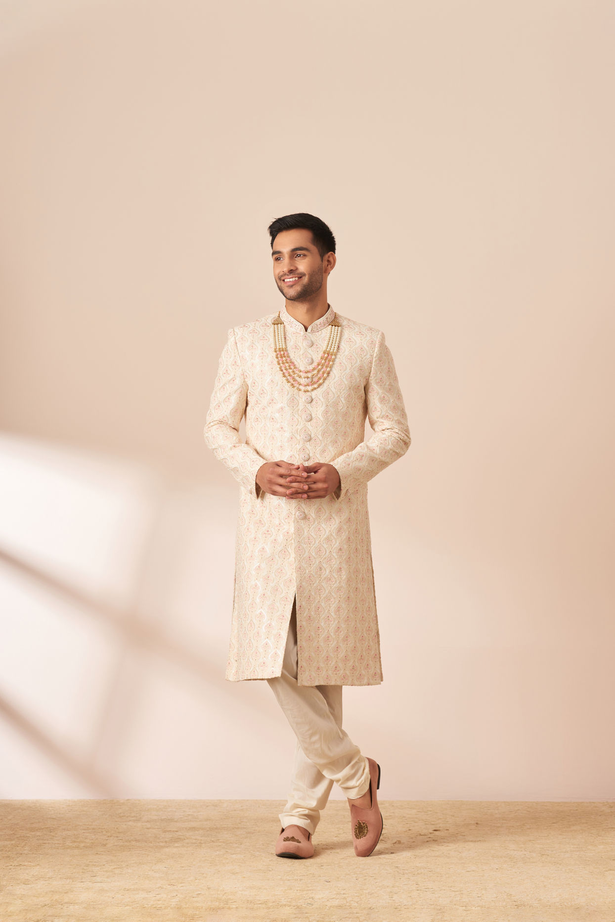 alt message - Manyavar Men Light Cream Chikankari Sherwani image number 1