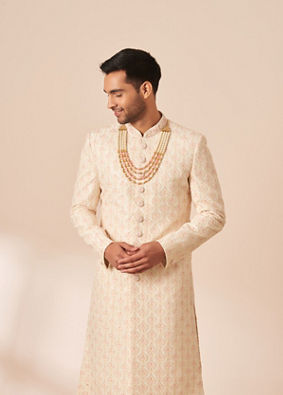 alt message - Manyavar Men Light Cream Chikankari Sherwani image number 0