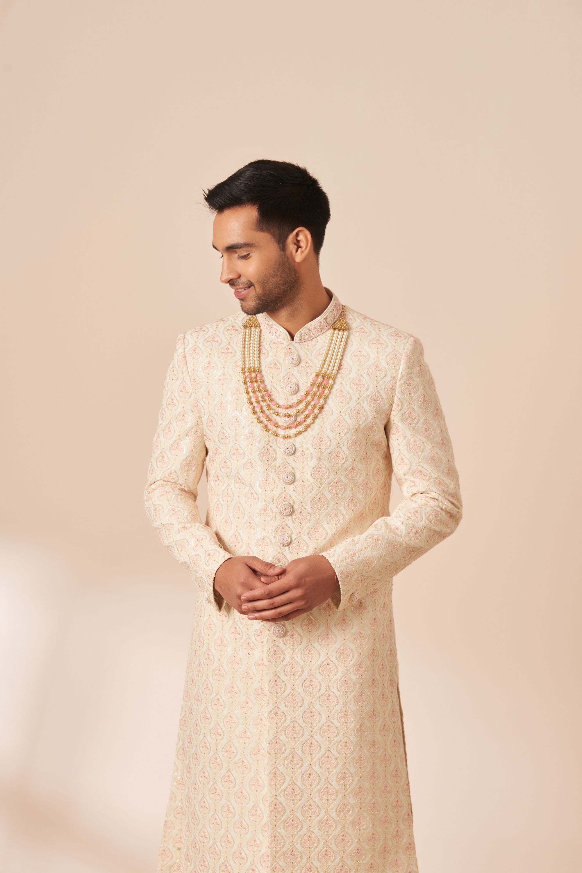 Manyavar Men Light Cream Chikankari Sherwani