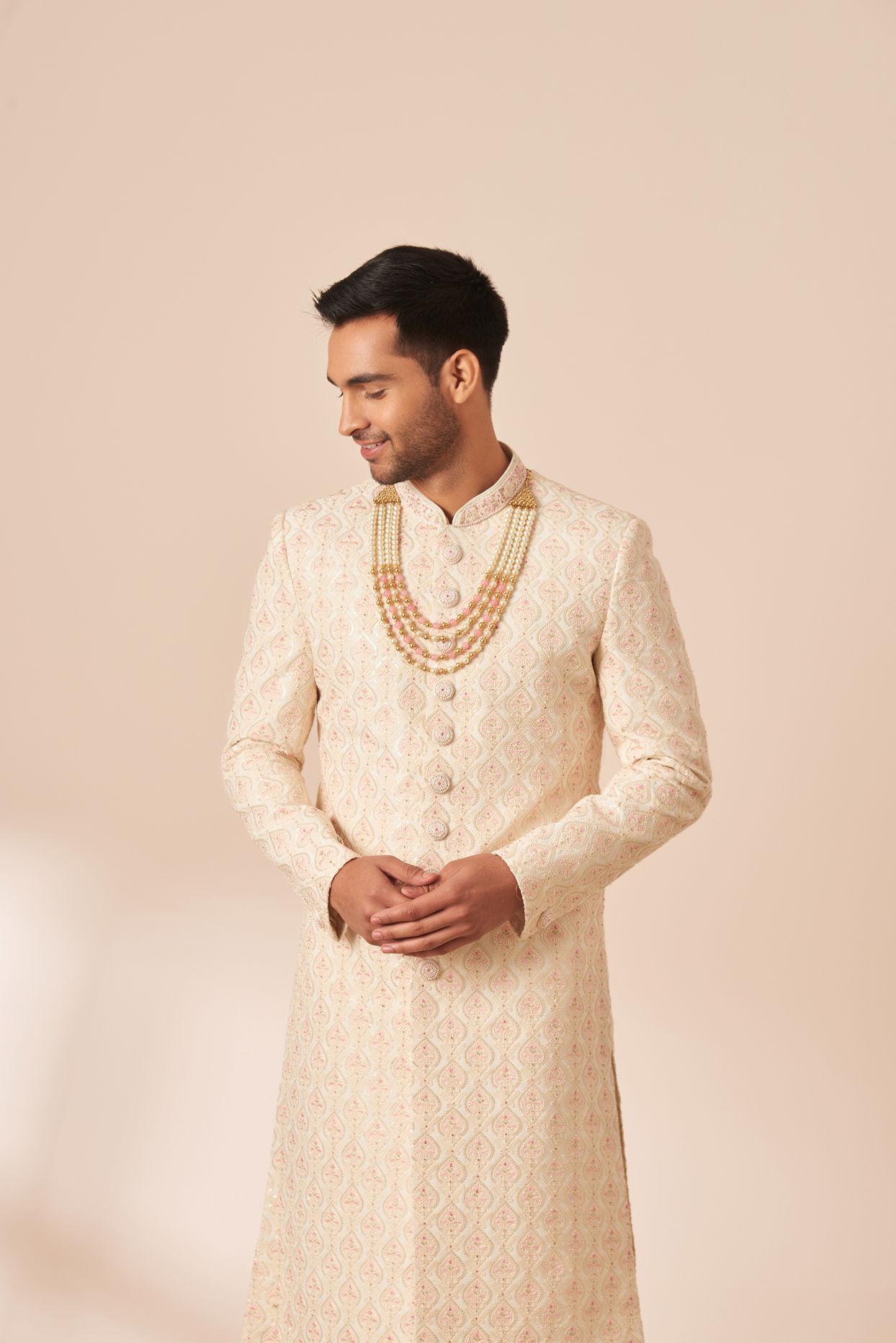 alt message - Manyavar Men Light Cream Chikankari Sherwani image number 0