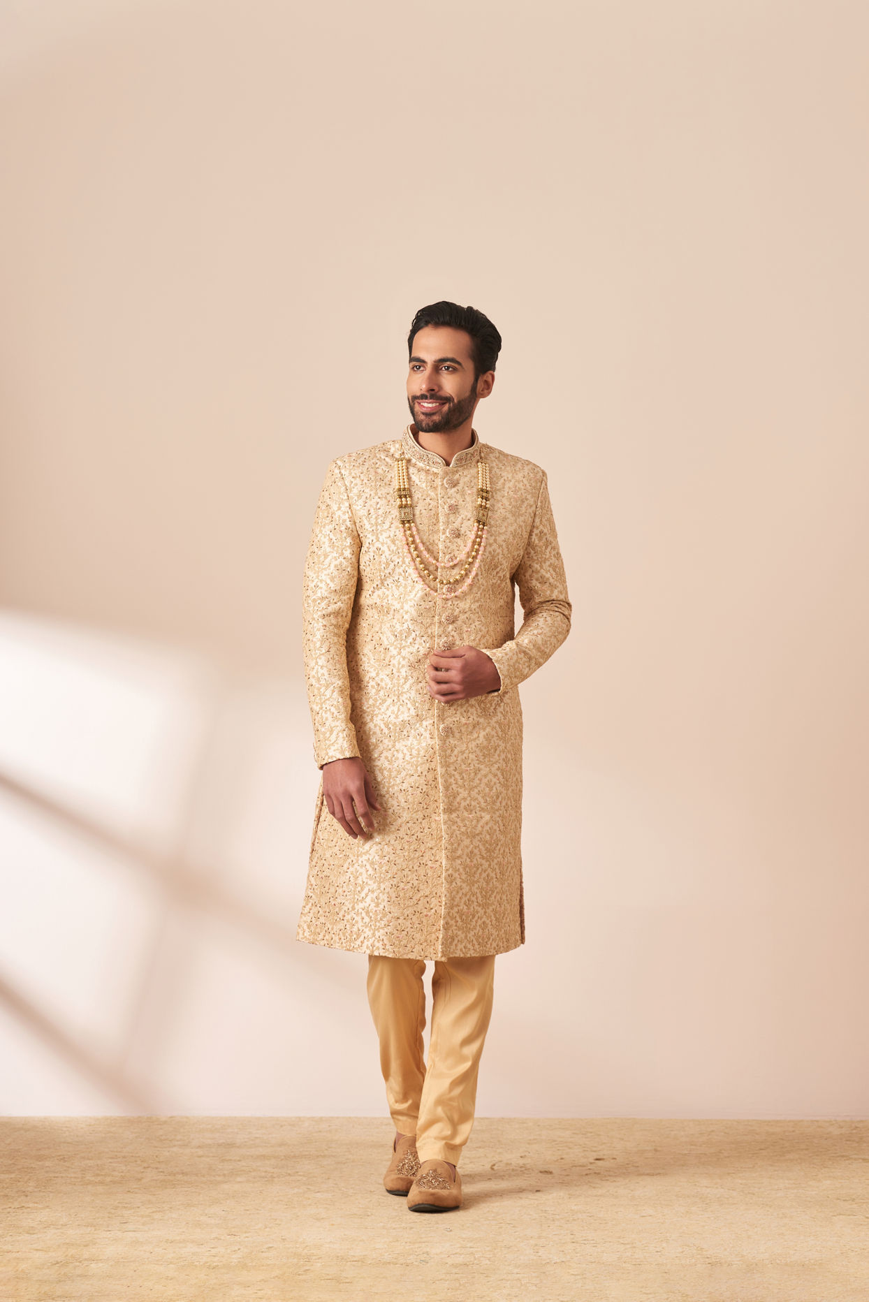 Manyavar Men Beige Sherwani with All Over Detailing