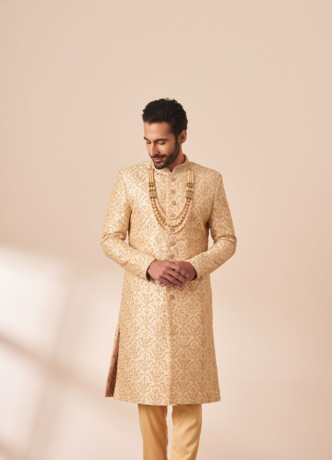 Manyavar Men Beige Sherwani with All Over Detailing