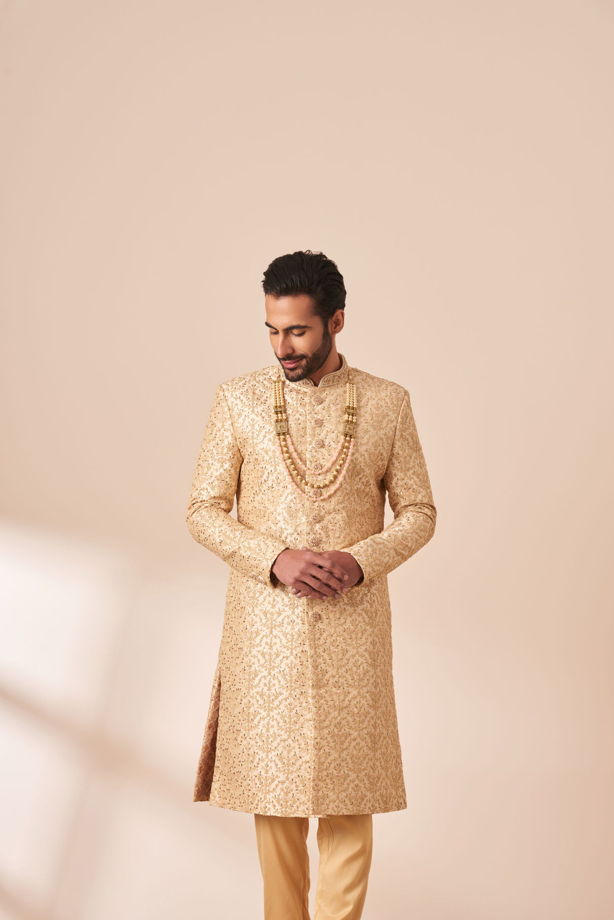 Manyavar Men Beige Sherwani with All Over Detailing