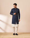 Manyavar Men Blue Self Design Indo Western image number 1