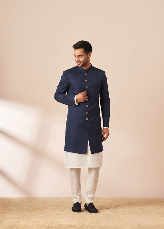 Manyavar Men Blue Self Design Indo Western
