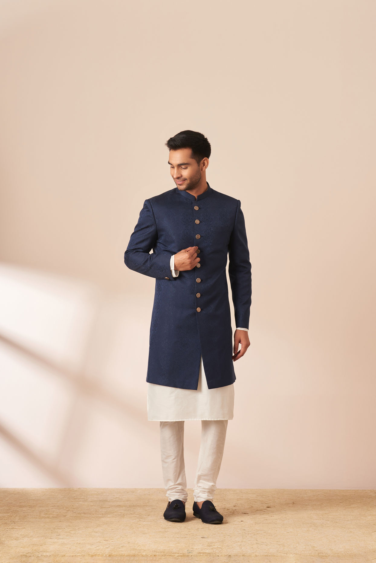 Manyavar Men Blue Self Design Indo Western image number 1