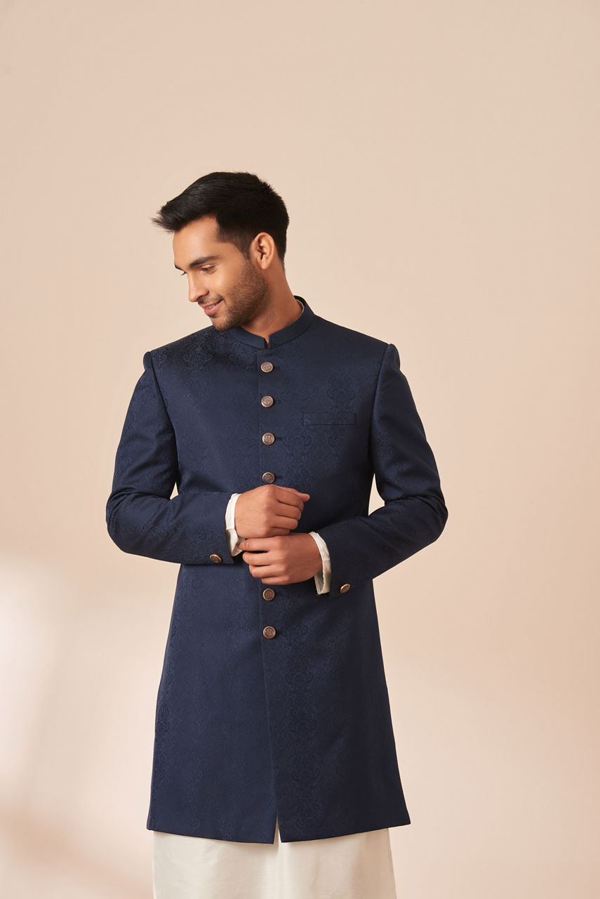 Manyavar Men Blue Self Design Indo Western