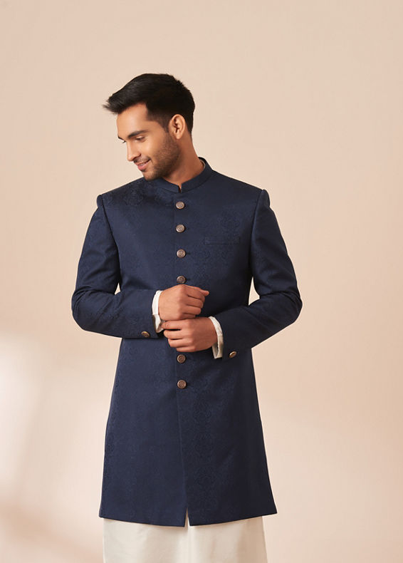 Manyavar Men Blue Self Design Indo Western