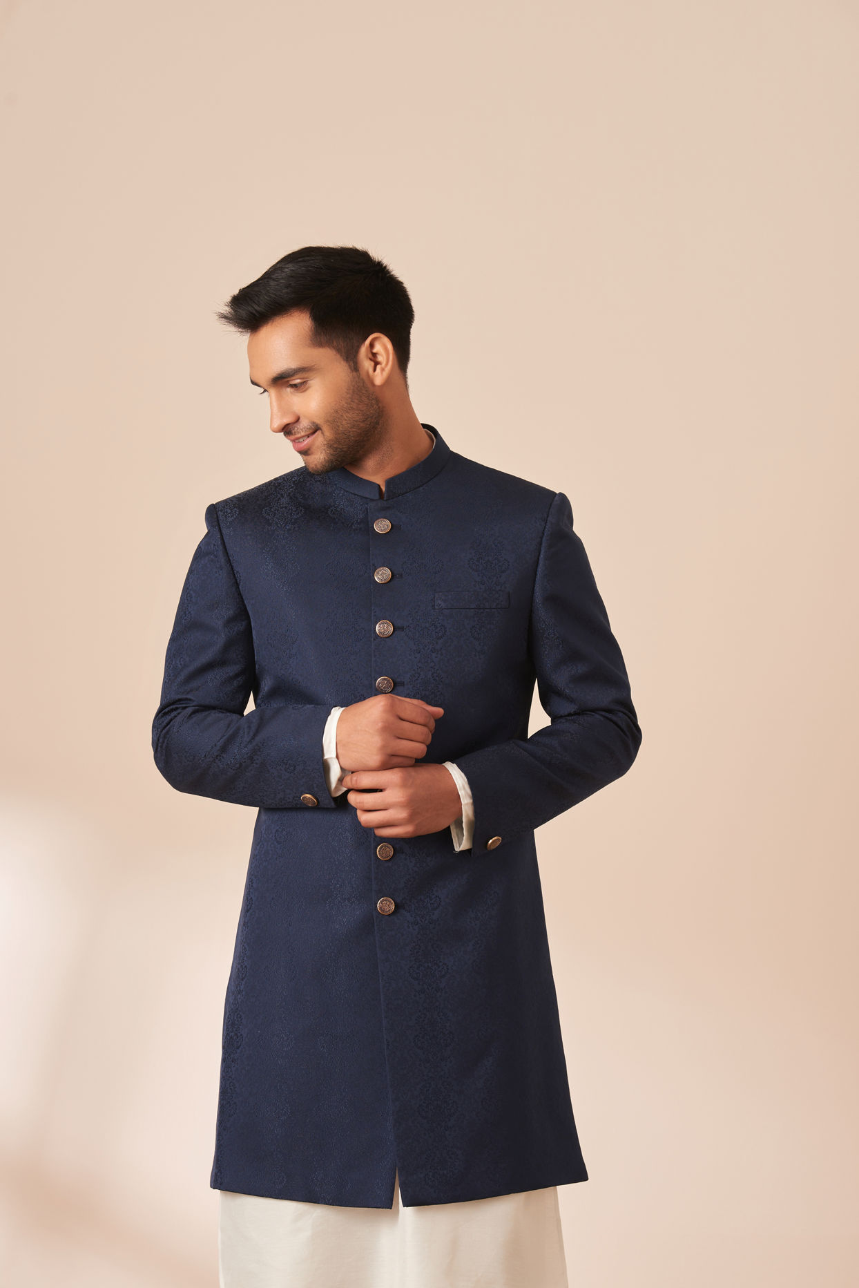 Manyavar Men Blue Self Design Indo Western image number 0