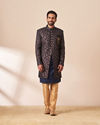 Manyavar Men Dark Blue Foil Print Indo Western