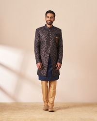 Manyavar Men Dark Blue Foil Print Indo Western