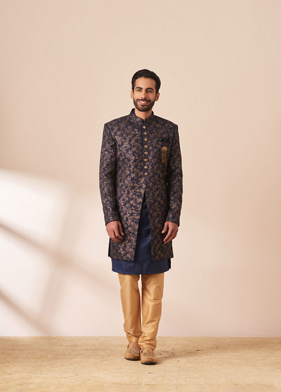 Manyavar Men Dark Blue Foil Print Indo Western