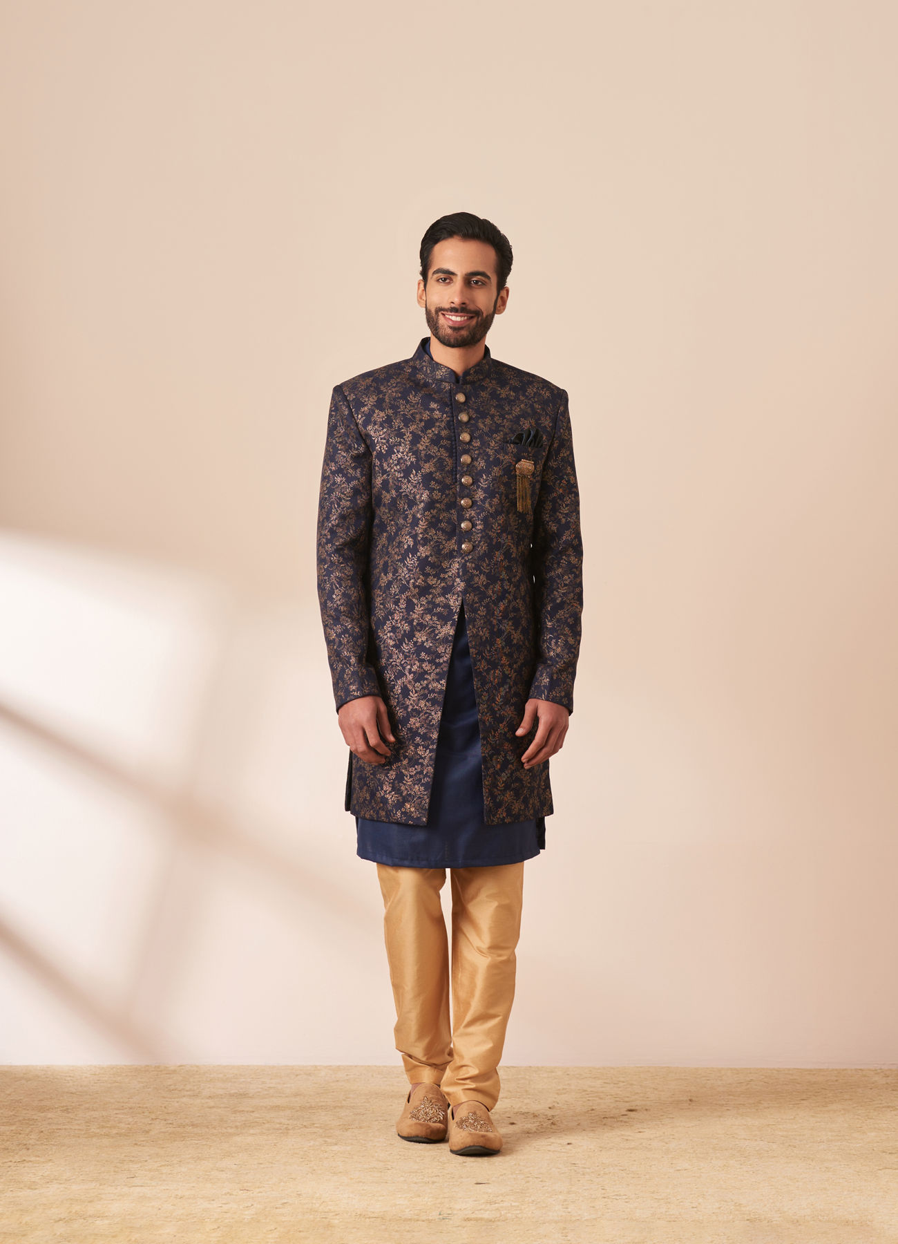 Manyavar Men Dark Blue Foil Print Indo Western