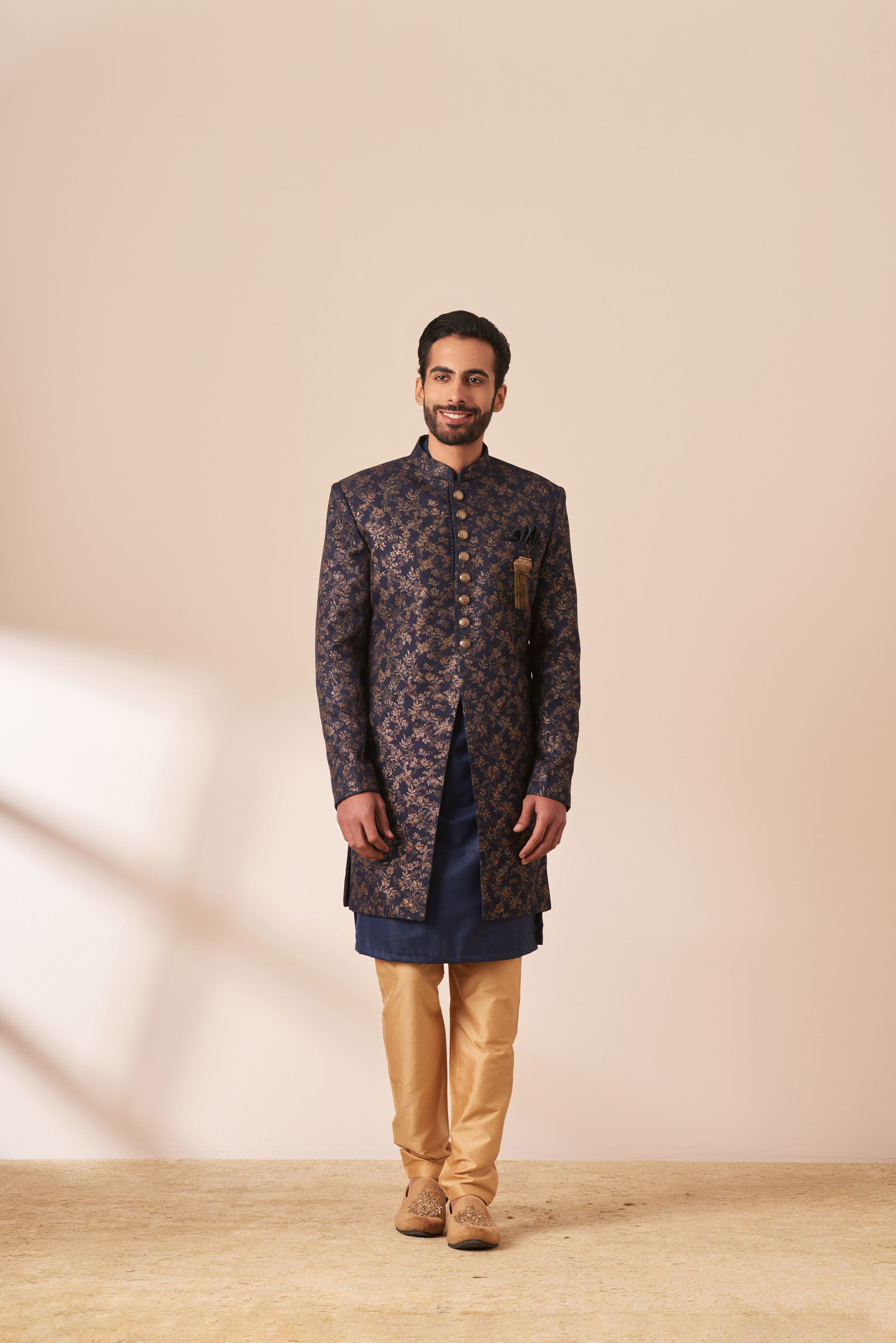 Manyavar Men Dark Blue Foil Print Indo Western