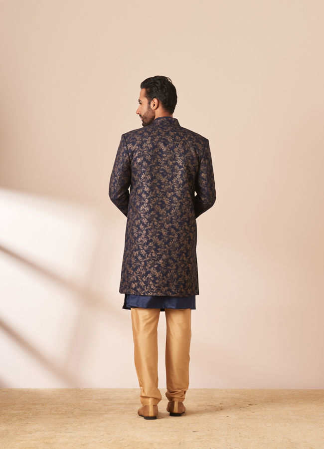 Manyavar Men Dark Blue Foil Print Indo Western