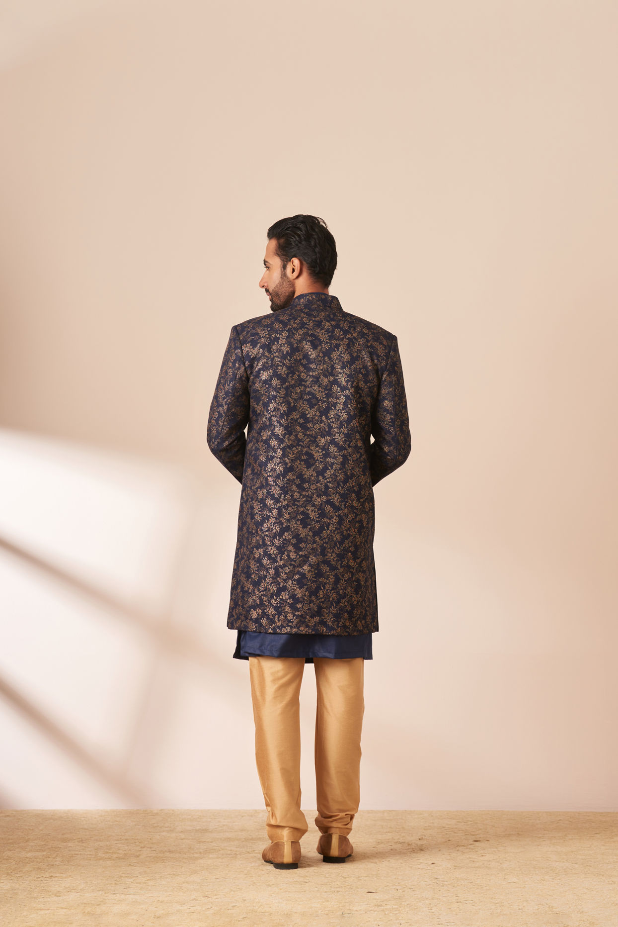 Manyavar Men Dark Blue Foil Print Indo Western