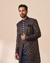 Manyavar Men Dark Blue Foil Print Indo Western