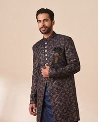 Manyavar Men Dark Blue Foil Print Indo Western