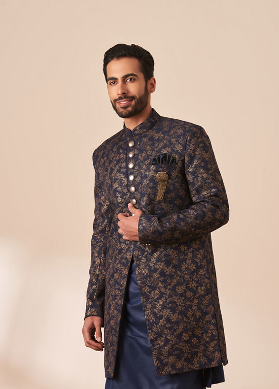 Manyavar Men Dark Blue Foil Print Indo Western