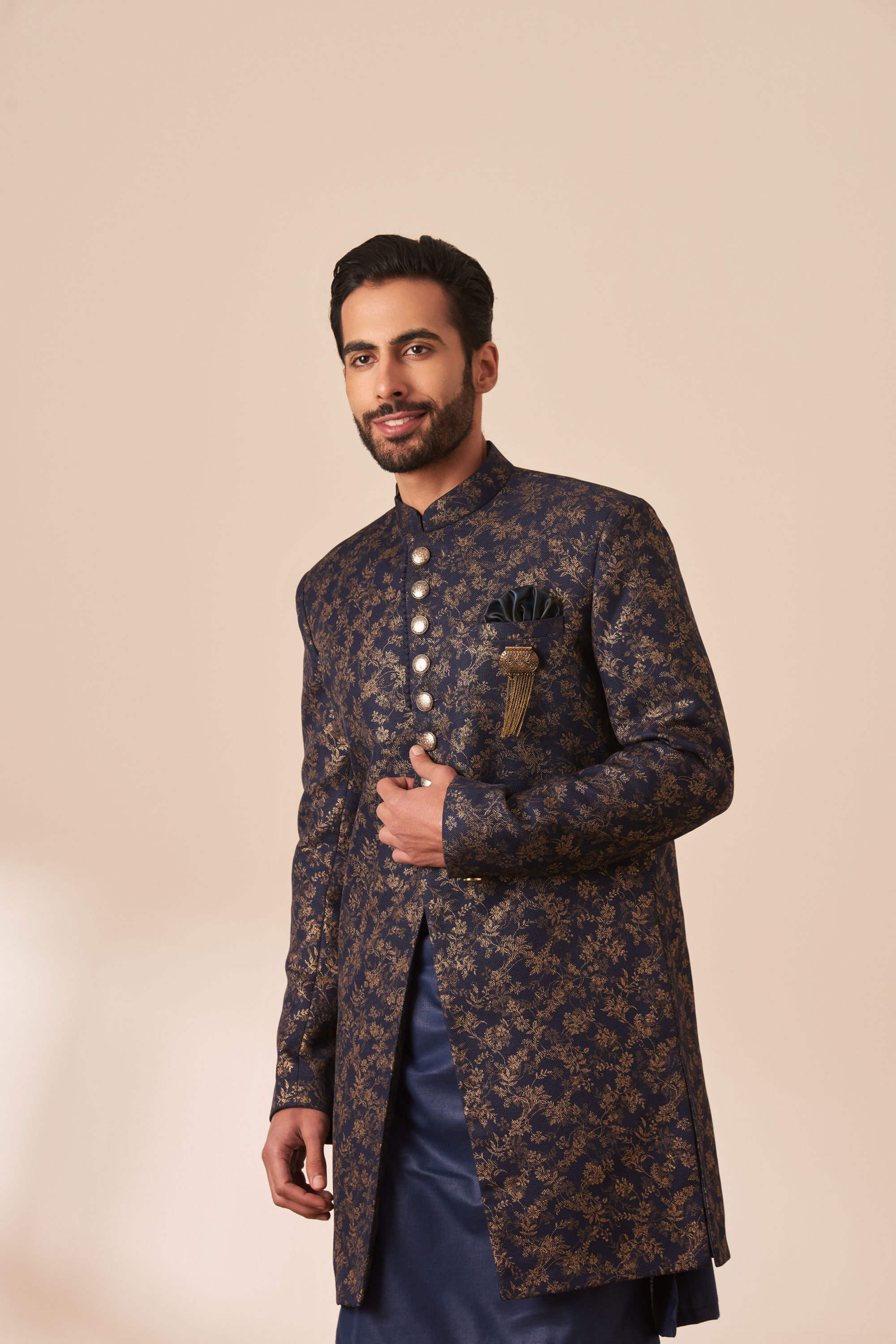 Manyavar Men Dark Blue Foil Print Indo Western