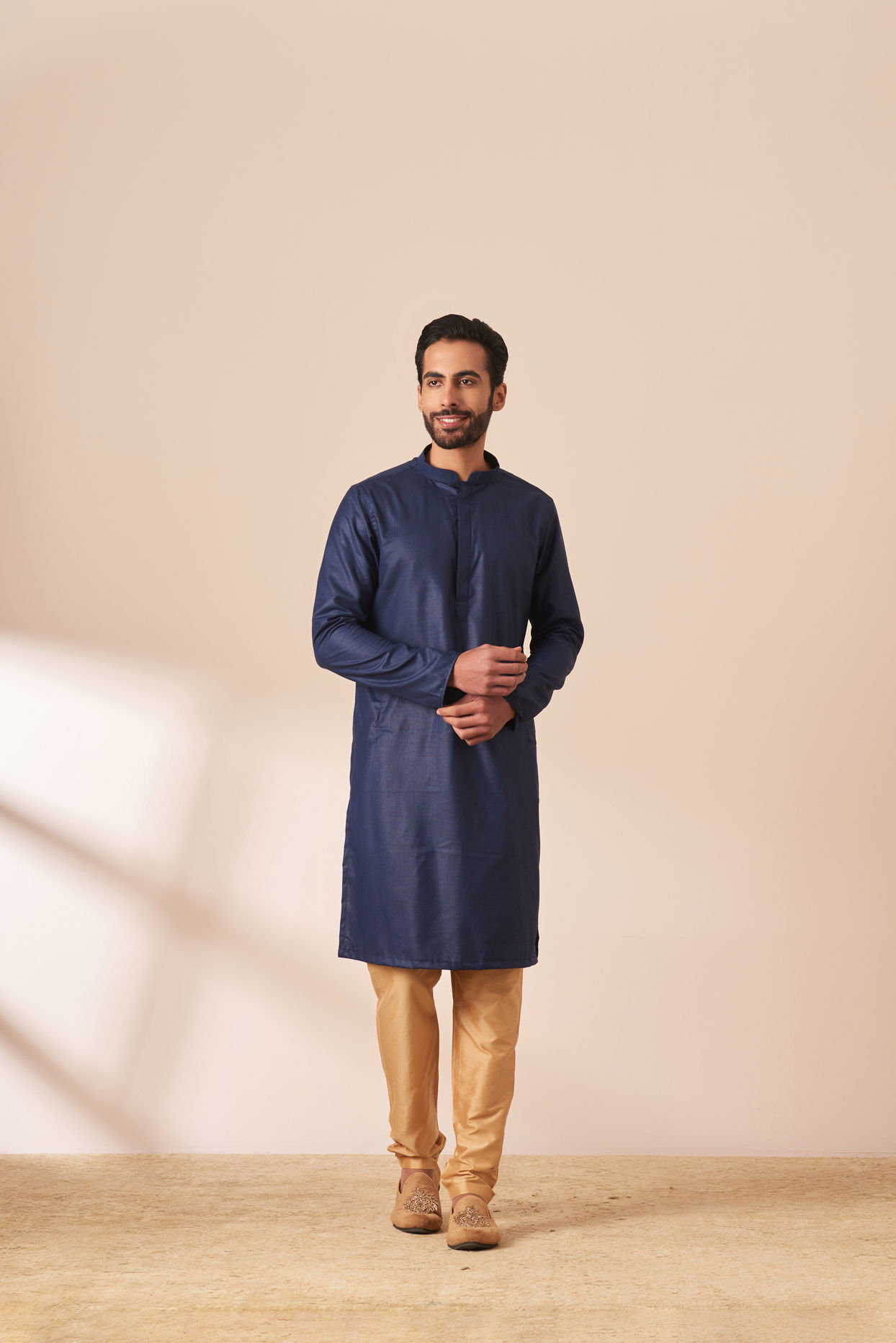 Manyavar Men Dark Blue Foil Print Indo Western