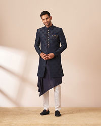 Manyavar Men Dark Blue Self Design Indo Western