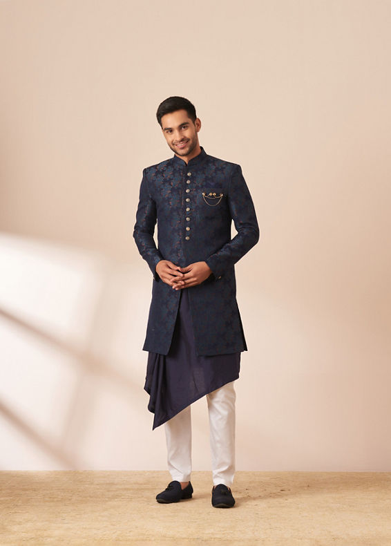 Manyavar Men Dark Blue Self Design Indo Western