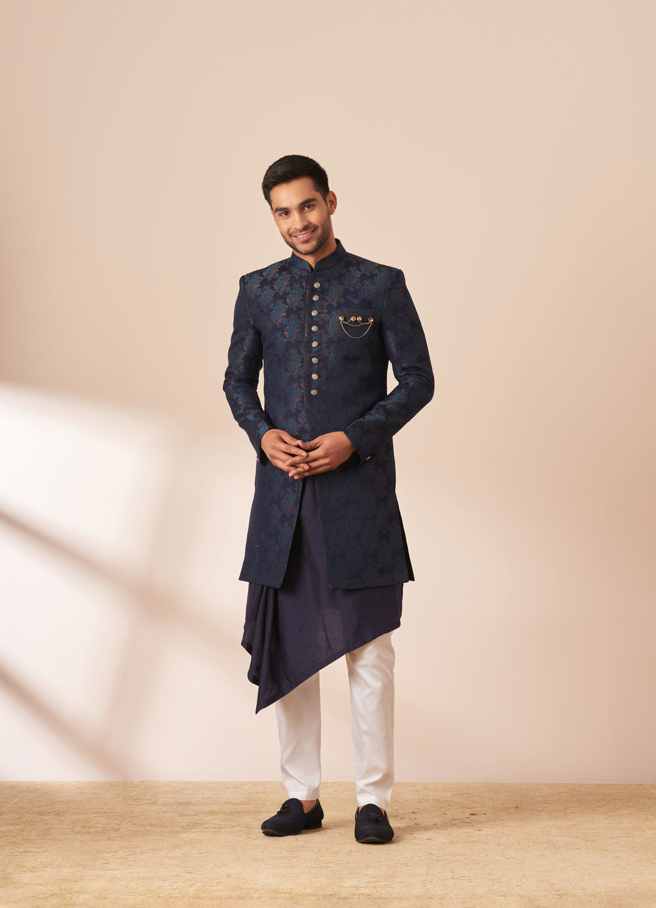 Manyavar Men Dark Blue Self Design Indo Western