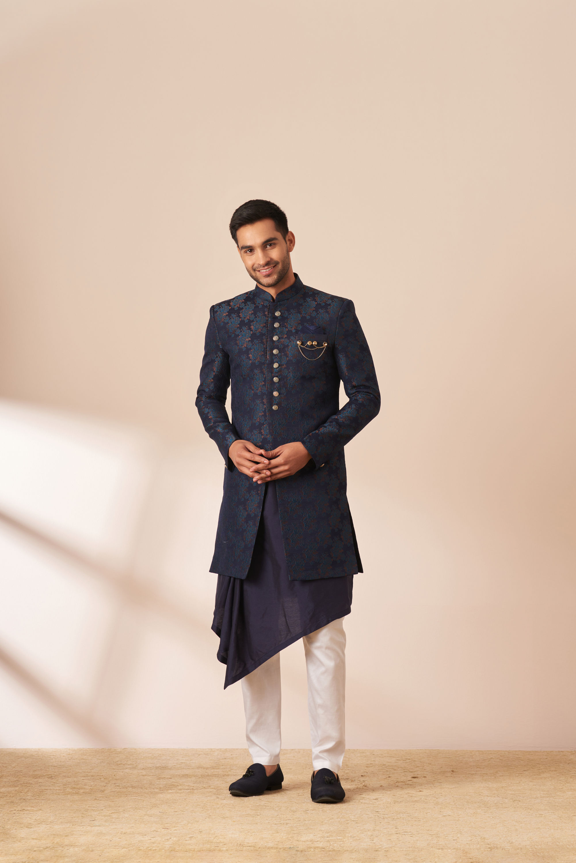 Manyavar Men Dark Blue Self Design Indo Western