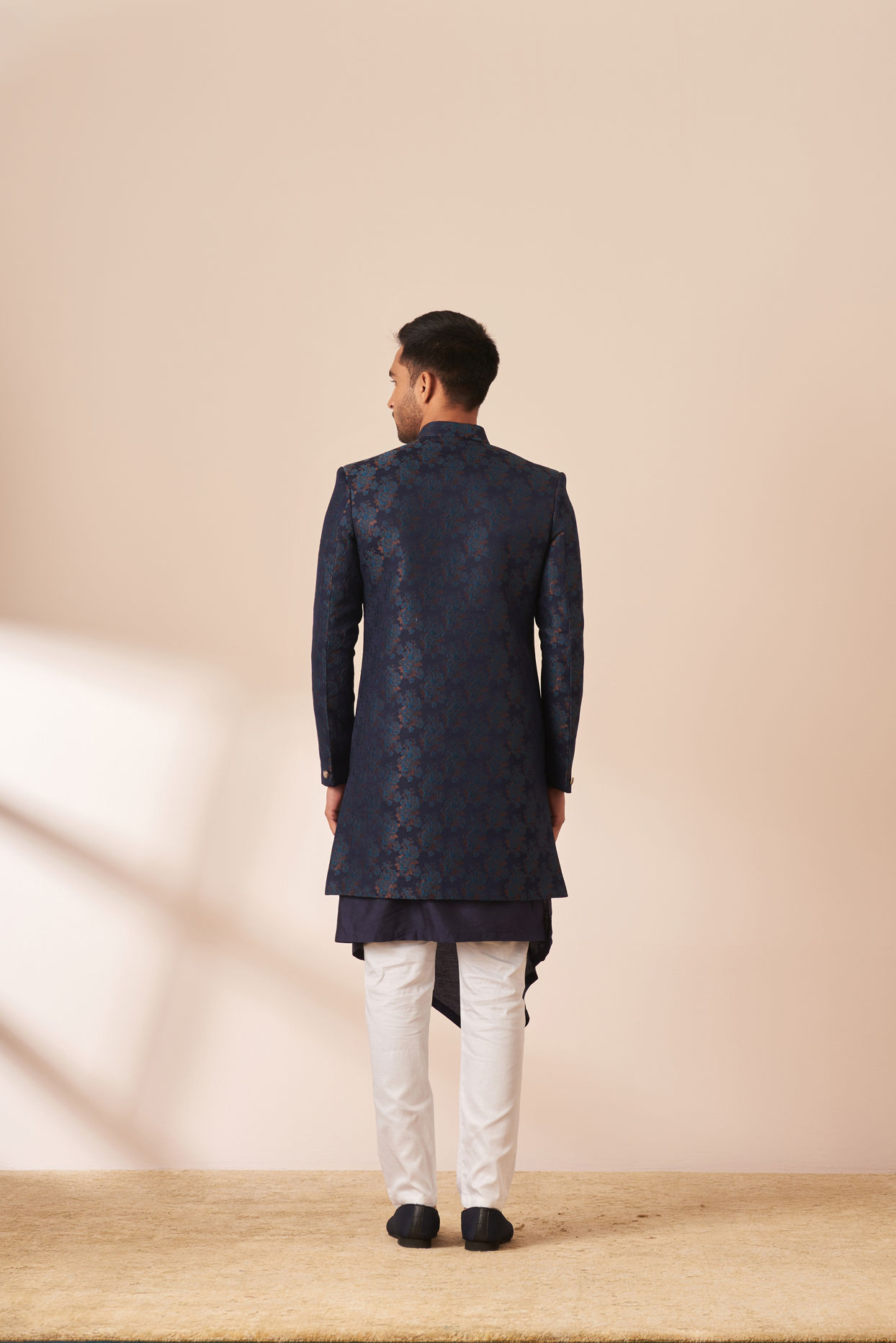 Manyavar Men Dark Blue Self Design Indo Western