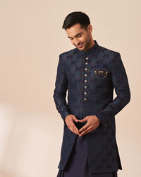 Manyavar Men Dark Blue Self Design Indo Western