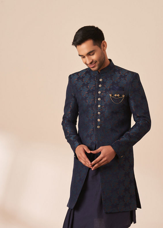 Manyavar Men Dark Blue Self Design Indo Western