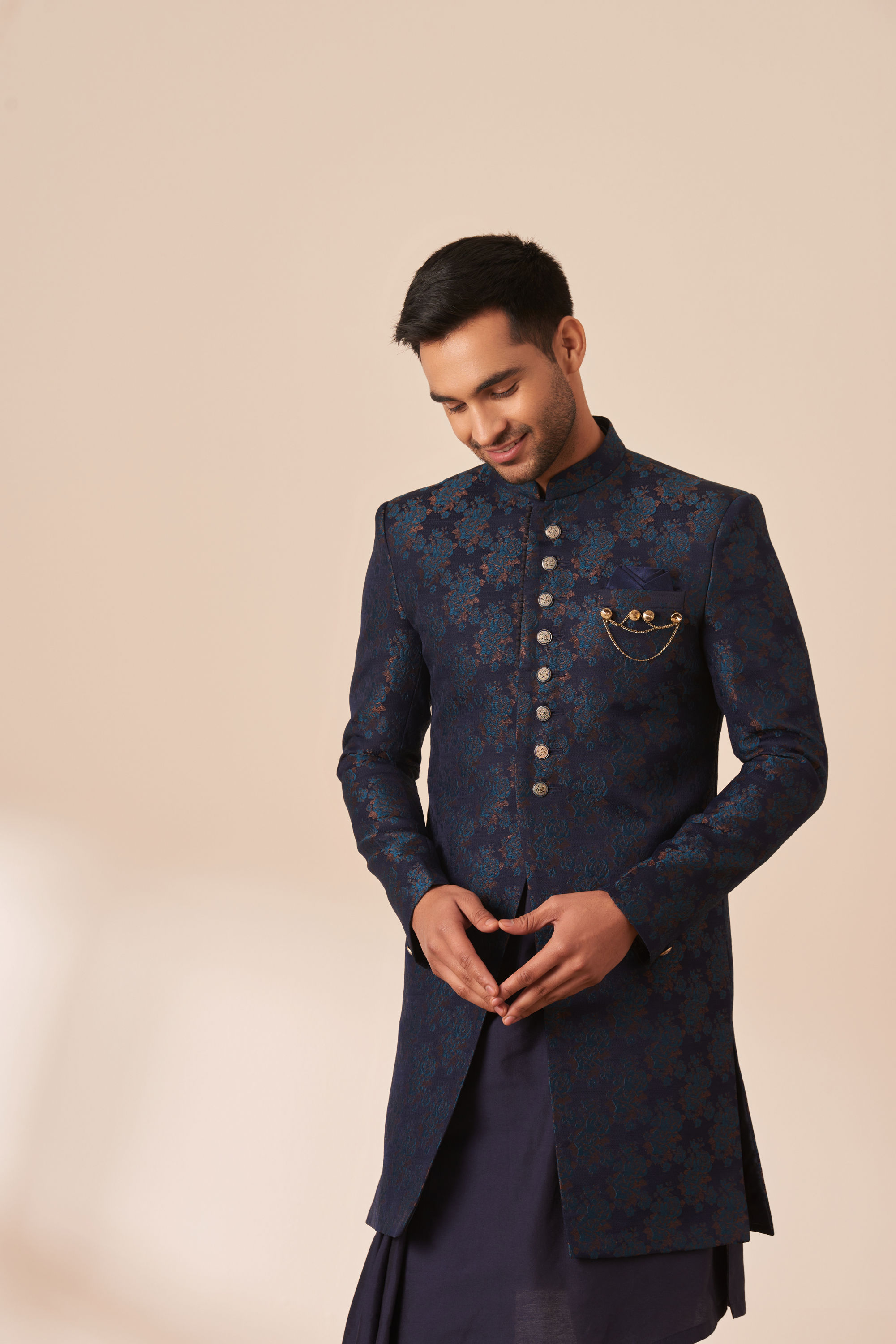 Manyavar Men Dark Blue Self Design Indo Western