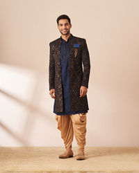 Manyavar Men Dark Blue Velvet Jacket Style Indo Western