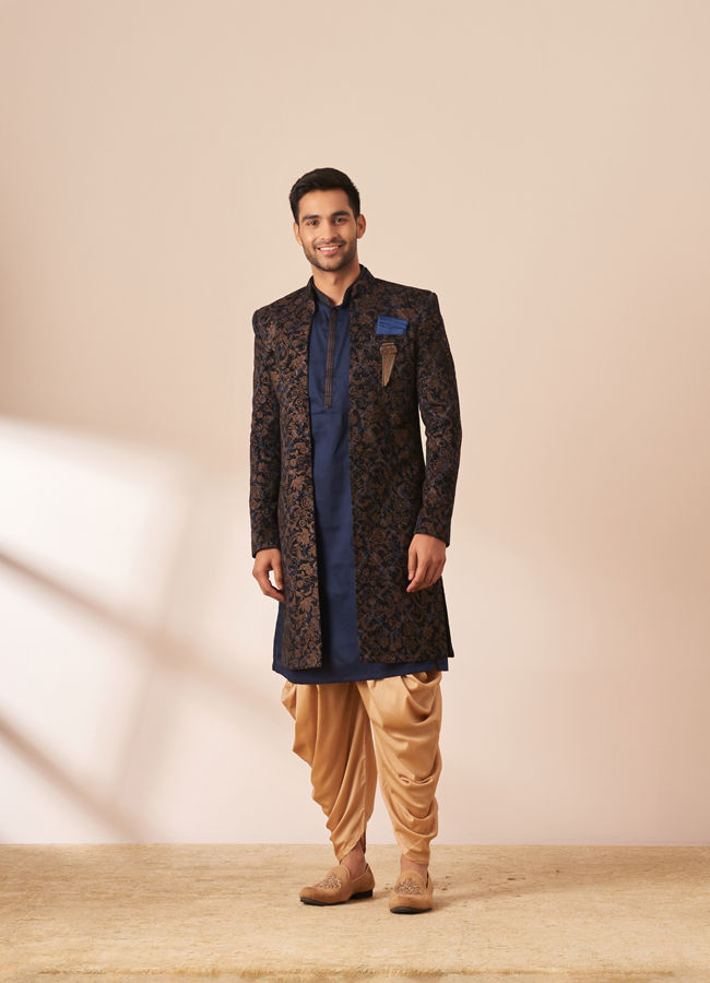 alt message - Manyavar Men Dark Blue Velvet Jacket Style Indo Western image number 1