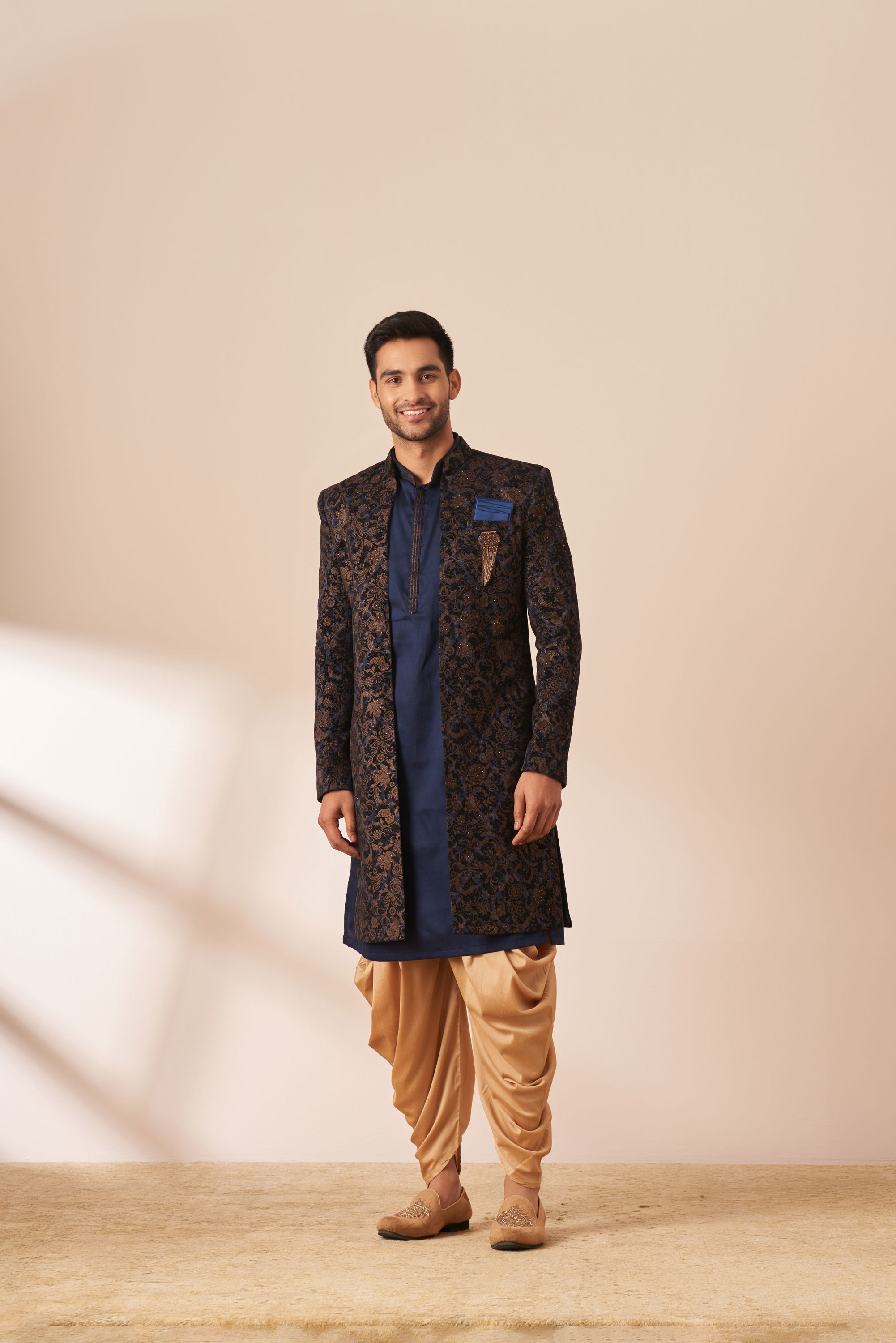 Manyavar Men Dark Blue Velvet Jacket Style Indo Western