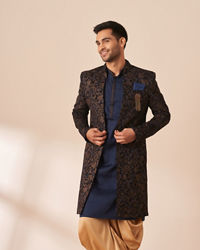 Manyavar Men Dark Blue Velvet Jacket Style Indo Western