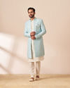 alt message - Manyavar Men Pastel Blue Jacket Style Indo Western image number 1