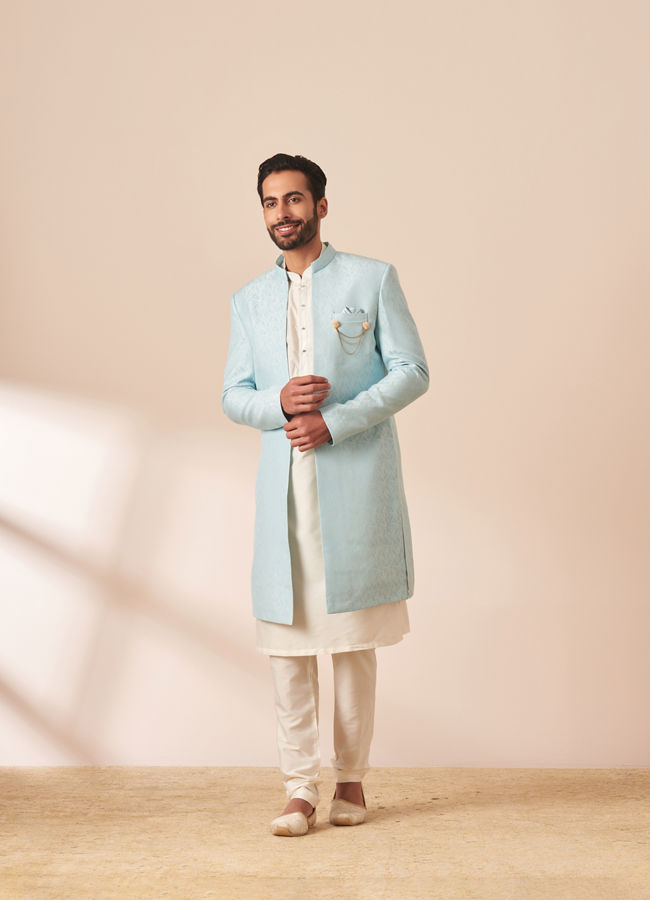 alt message - Manyavar Men Pastel Blue Jacket Style Indo Western image number 1