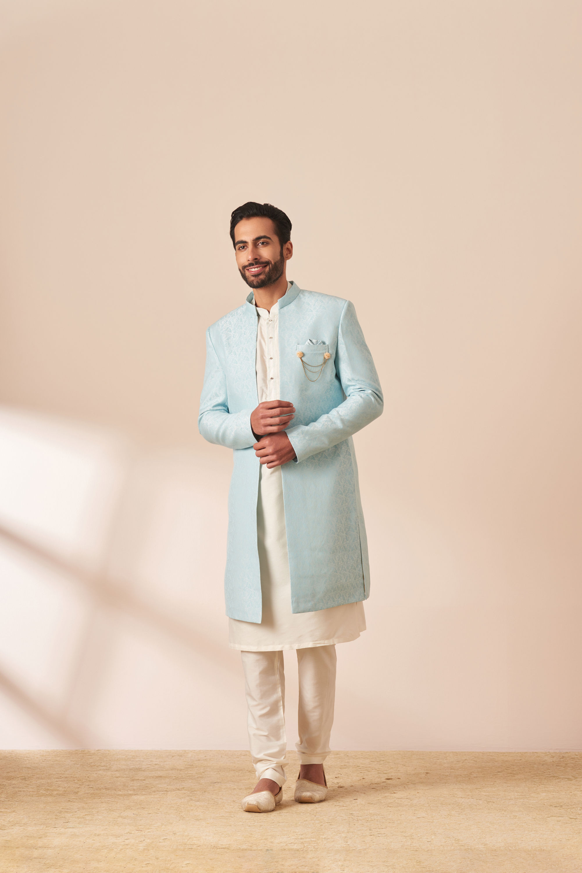 Manyavar Men Pastel Blue Jacket Style Indo Western