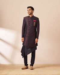 Manyavar Men Blue and Maroon Achkan Indo Western