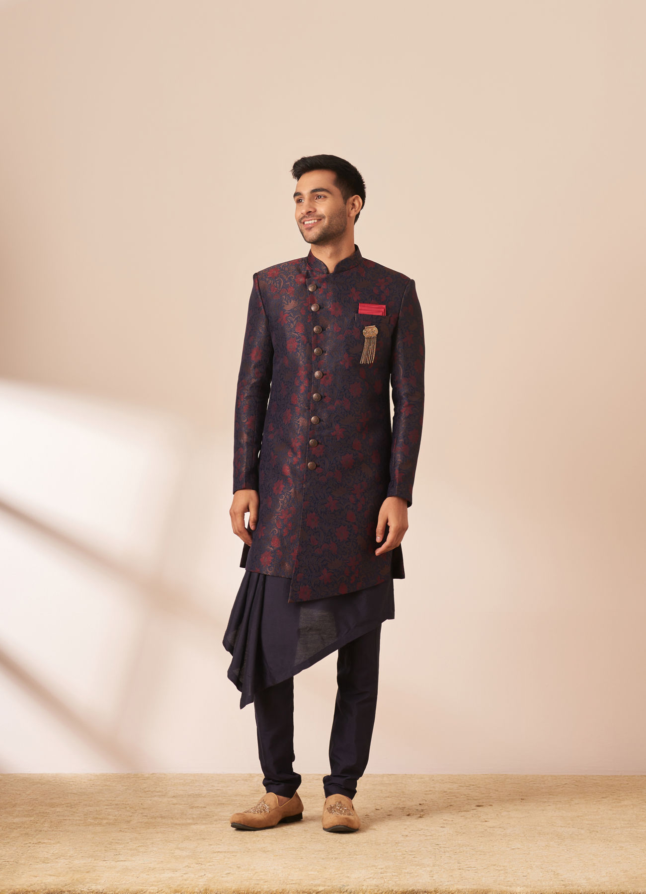 Manyavar Men Blue and Maroon Achkan Indo Western