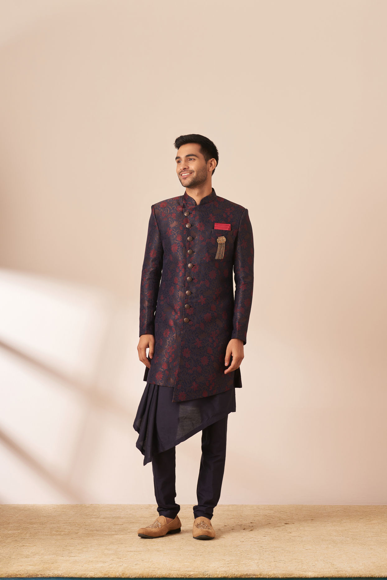 Manyavar Men Blue and Maroon Achkan Indo Western